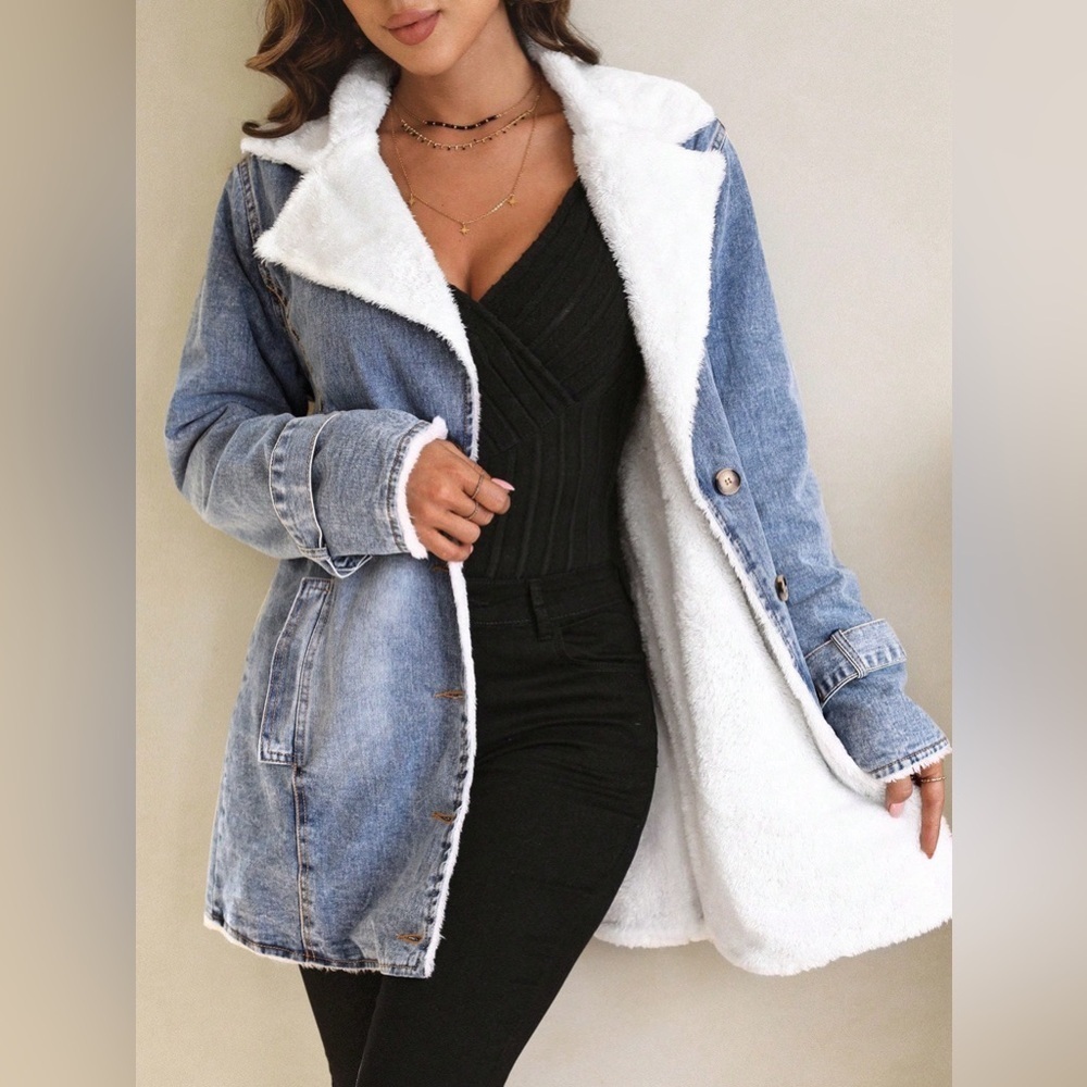 Long Sleeve Denim Jacket Fleeced lined Medium Wash